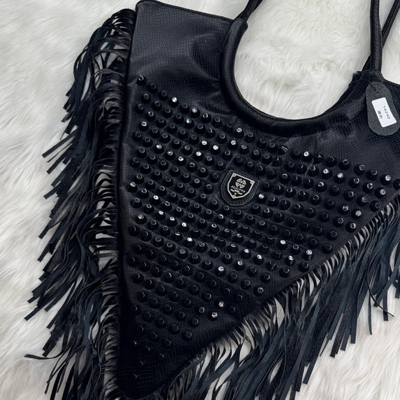 Black Fringe Studded Gothic Punk Rivet Fringe Shoulder Bag Agrippa brand purse - Picture 8 of 13